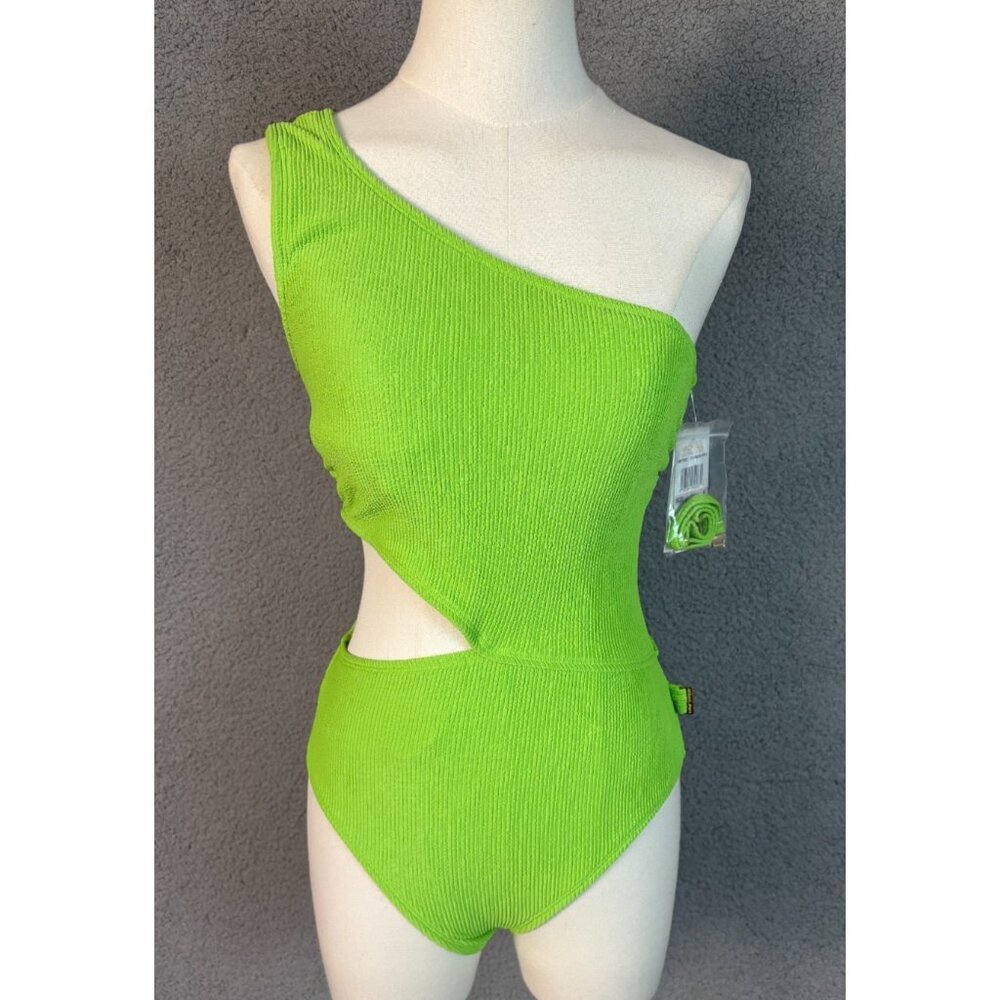 Michael Michael Kors Womens One-Shoulder Side-Cutout Ribbed Swimsuit Green 6 NWT
